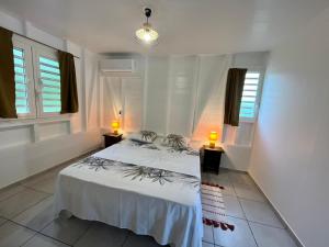 1 dormitorio con 1 cama con 2 lámparas y 2 ventanas en Villa Diam-Arlet en Les Anses-dʼArlets