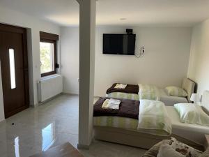 a bedroom with two beds and a television on the wall at Villa Repić in Slatina