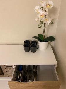 un estante con tres tazas negras y un jarrón con flores blancas en Lovely Aisa studio in Pärnu en Pärnu