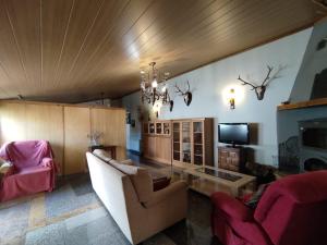 a living room with a couch and chairs and a tv at Descanso, aire sano y buenos asados in Barahona