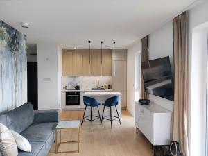 salon z kanapą i kuchnią w obiekcie Marina View 15 & SPA w Dziwnowie