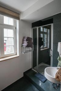 a bathroom with a shower and a sink and a window at LOFT13 Traumhafte Wohnung mit Terrasse für 8 Gäste in Monschau