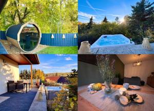 a collage of pictures of a backyard with a hot tub at Ferienhaus Harzblick in Meisdorf