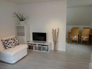 een woonkamer met een witte bank en een tv bij Helle 70 qm Ferienwohnung mit herrlichem Blick in Teningen