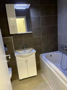 een badkamer met een wastafel, een bad en een toilet bij Citadela apartment Novi Sad in Petrovaradin