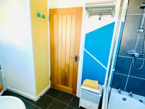 a bathroom with a shower and a toilet and a sink at St Ives Balcony Flat in St Ives