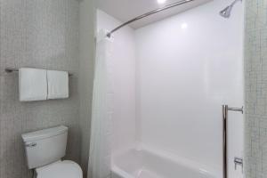 y baño blanco con aseo y ducha. en Holiday Inn Express Rockford-Loves Park, an IHG Hotel, en Loves Park