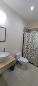 a bathroom with a sink and a toilet and a shower at Departamento Playa Sur in Mazatlán