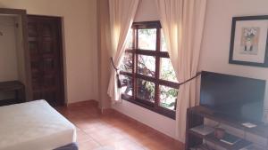 1 dormitorio con ventana grande y TV en Hotel Plaza Yat Balam Anexo, en Copan Ruinas