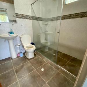 a bathroom with a shower and a toilet and a sink at Finca Villa Anita Moniquirá Boyacá in Moniquirá
