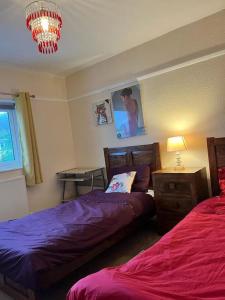 a bedroom with two beds and a chandelier at North Wales Holiday Accomodation with Free parking & WiFi in Bodelwyddan