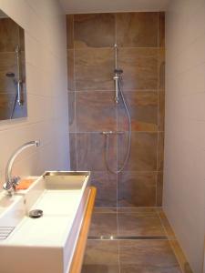 a bathroom with a shower with a sink at B&B ZomersBuiten in Oude Pekela