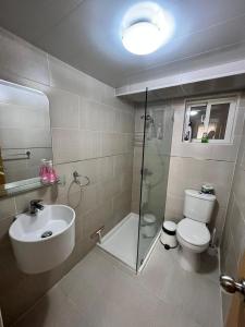 a bathroom with a toilet and a sink and a shower at Condominio Riviera Colonial in Calero