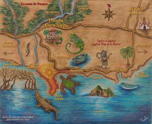 a map of a fantasy world with animals and buildings at Coco Viejo Posada in San Pedro Pochutla