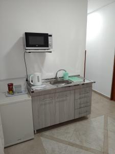 cocina con fregadero y microondas en Albajunin en Junín