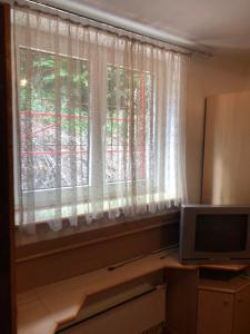 a room with a television and a window with curtains at BELE STAZE-Brzece,Kopaonik in Brzeće