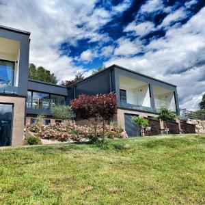 a modern house with a grassy yard at AGRITUR SEDICI - Bed and Breakfast in Tenna 