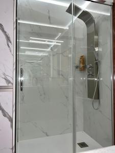 um chuveiro com uma porta de vidro na casa de banho em El Balcon Deluxe em Baena