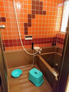a bathroom with a blue toilet and a tub at Homestay Intimo Amigo in Tokyo