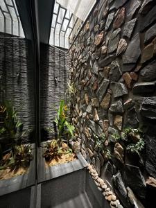Cette chambre est dotée d'un mur en pierre avec des plantes. dans l'établissement The Grandparents Homestay Full Nguyên Căn, à Quy Nhơn