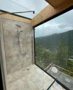 a bathroom with a shower with a large window at Pano Blueberry in Namlisevi