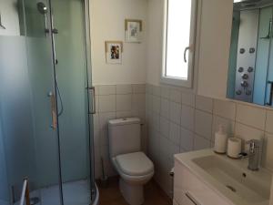 een badkamer met een toilet, een douche en een wastafel bij Maisonnette de Charme à 10min de Fontainebleau in Héricy