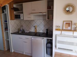 eine kleine Küche mit einer Spüle und einer Mikrowelle in der Unterkunft Maisonnette de Charme à 10min de Fontainebleau in Héricy