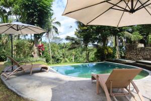 a swimming pool with two chairs and an umbrella at Aventus Resort Ubud in Tegalalang