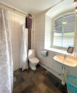 a bathroom with a toilet and a sink and a window at Hotell Alderholmen in Gävle