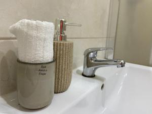 a bathroom sink with a roll of toilet paper on it at Apartmán Hlboký potok in Vysoke Tatry - Tatranska Lomnica.