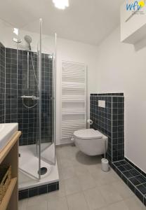 une salle de bain avec toilettes, douche et lavabo dans l'établissement Haus am Dorfbrunnen Ferienwohnung Meer, à Wangerooge