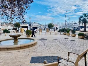 カンヌにあるTrès Joli T3 Vieux Port Cannesの噴水のある道を歩く者