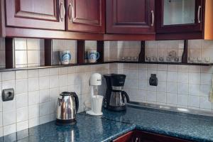 a kitchen counter with a coffee maker on a counter top at Oceanviewvilla in Karpathos