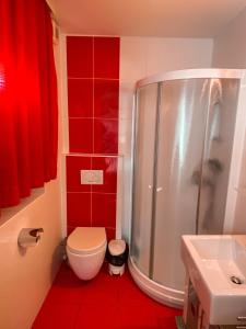 W łazience znajduje się prysznic, toaleta i umywalka. w obiekcie Mad House Apartment 2, Terme Čatež w mieście Brežice