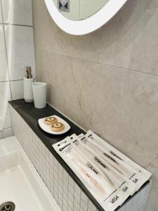 eine Badezimmertheke mit einem Waschbecken und einem Spiegel in der Unterkunft Geräumige Maisonette nahe Ölper See in Braunschweig