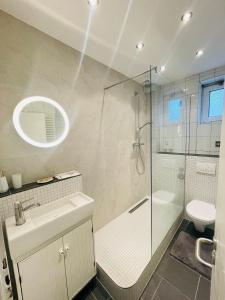 een badkamer met een douche, een wastafel en een toilet bij Geräumige Maisonette nahe Ölper See in Braunschweig