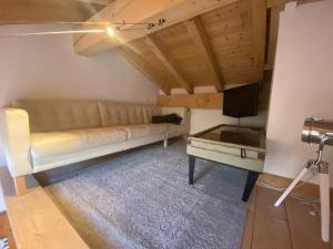 ein Wohnzimmer mit einem Sofa und einem TV in der Unterkunft Chalet Beaufort in Saint-Martin-de-Belleville