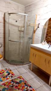 a bathroom with a shower and a sink at Mandula Apartman in Szeged