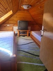 ズラティボールにあるApartman Vujovicのベッド2台とテレビが備わるキャビンです。
