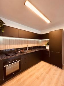 una cocina con armarios negros y fregadero en Bat Yam apartment, en Bat Yam