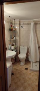 La salle de bains est pourvue de toilettes et d'un lavabo. dans l'établissement Maria's home, à Órmos