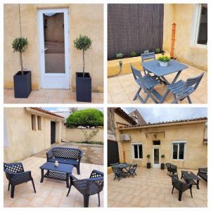 Quatre photos d'un patio avec une table et des chaises dans l'établissement Adorable Maison en plein cœur du village., à Bouc-Bel-Air