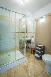 a bathroom with a glass shower and a sink at Vila Bohemia in Sibiu