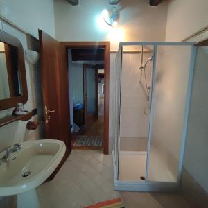 y baño con ducha y lavamanos. en Casa Zanier Cigolotti Aviano en San Martino