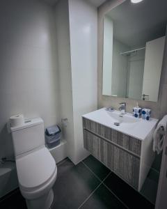 a bathroom with a toilet and a sink with a mirror at Exclusivo Departamento a Pasos de la Playa en Viña in Viña del Mar