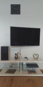 a flat screen tv sitting on top of a shelf at Ferienwohnung Odenwaldblick in Momlingen