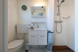 a small bathroom with a toilet and a shower at 84, gelegen in het rustige & bosrijke Oisterwijk! Met privétuin in Oisterwijk +27 photos