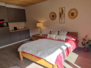 una camera con letto e cucina di Magnifique studio rénové au coeur des 4 Vallées a Nendaz