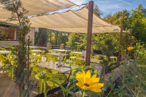 un patio avec des tables et un auvent avec une fleur jaune dans l'établissement Au Gai Soleil du Mont-Aiguille, à Chichilianne