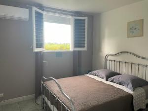 a bed in a bedroom with a window and a bedspread at La perle créole in Lamentin